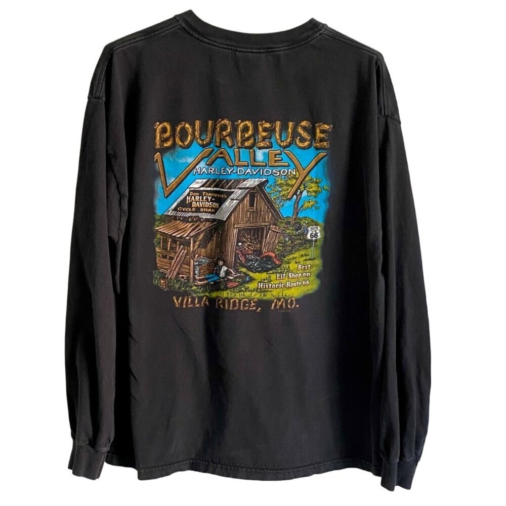 Vintage Harley Davidson Long Sleeve Tee Bourbeuse Valley Ridge Mo. Rt 66 Mens XL